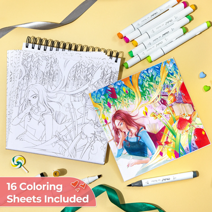 Ohuhu Honolulu Series Gift Box Set with 72 Alcohol Based Dual Tipped Brush and Chisel Art Markers, 8 Fineliner Drawing Pens, 8.9 x 8.3 Inches 120 Pages Marker Pad, 16 Coloring Sheets for Arts & Crafts | Y30-80402-70