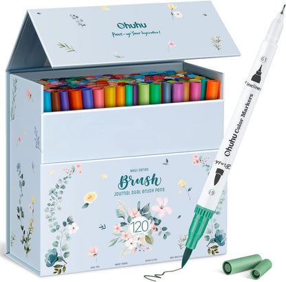 Ohuhu Maui Series Water Based 120 Colors Dual Tipped Art Marker Set for Calligraphy and Sketch for Kids and Adults (Brush and Bullet) Y30-80600-25