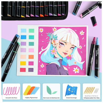 Ohuhu Kakaako Series Water-Based 30 Unique Bright Colors Dual Tipped Acrylic Pen, Waterproof and Sunproof for Sketch, Coloring and Illustration for Kids and Adults - Fine & Round Tip | Y30-80601-08