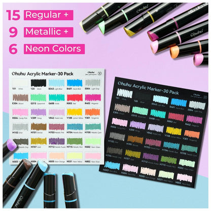 Ohuhu Kakaako Series Water-Based 30 Unique Bright Colors Dual Tipped Acrylic Pen, Waterproof and Sunproof for Sketch, Coloring and Illustration for Kids and Adults - Fine & Round Tip | Y30-80601-08