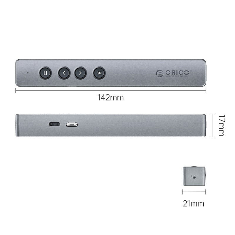 ORICO 2.4GHz Wireless Presentation Remote Clicker w/ Built-in Battery, 50m Control Range, 3R Class Laser, 360° Directional Point, Magnetic USB Receiver for Windows, macOS, Linux, Android, Conference Presentation (Gray, Silver) | OPPT-06
