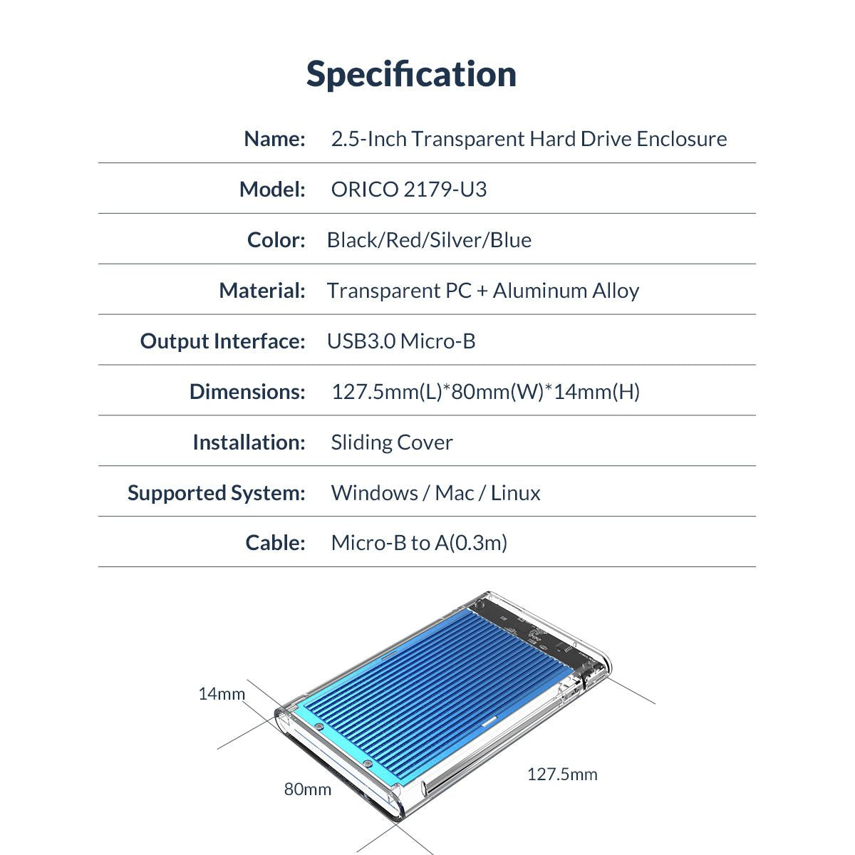 [CLEARANCE] ORICO 2.5 inch SATA 3.0 HDD to USB 3.0 Micro B Transparent External Hard Disk Drive Enclosure Case with Aluminum Alloy Internal Plate & Up to 4TB Memory Storage Capacity for Windows Mac OS Linux PC Laptop Computer | 2179U3 - Blue