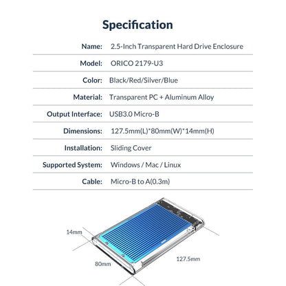 [CLEARANCE] ORICO 2.5 inch SATA 3.0 HDD to USB 3.0 Micro B Transparent External Hard Disk Drive Enclosure Case with Aluminum Alloy Internal Plate & Up to 4TB Memory Storage Capacity for Windows Mac OS Linux PC Laptop Computer | 2179U3 - Blue