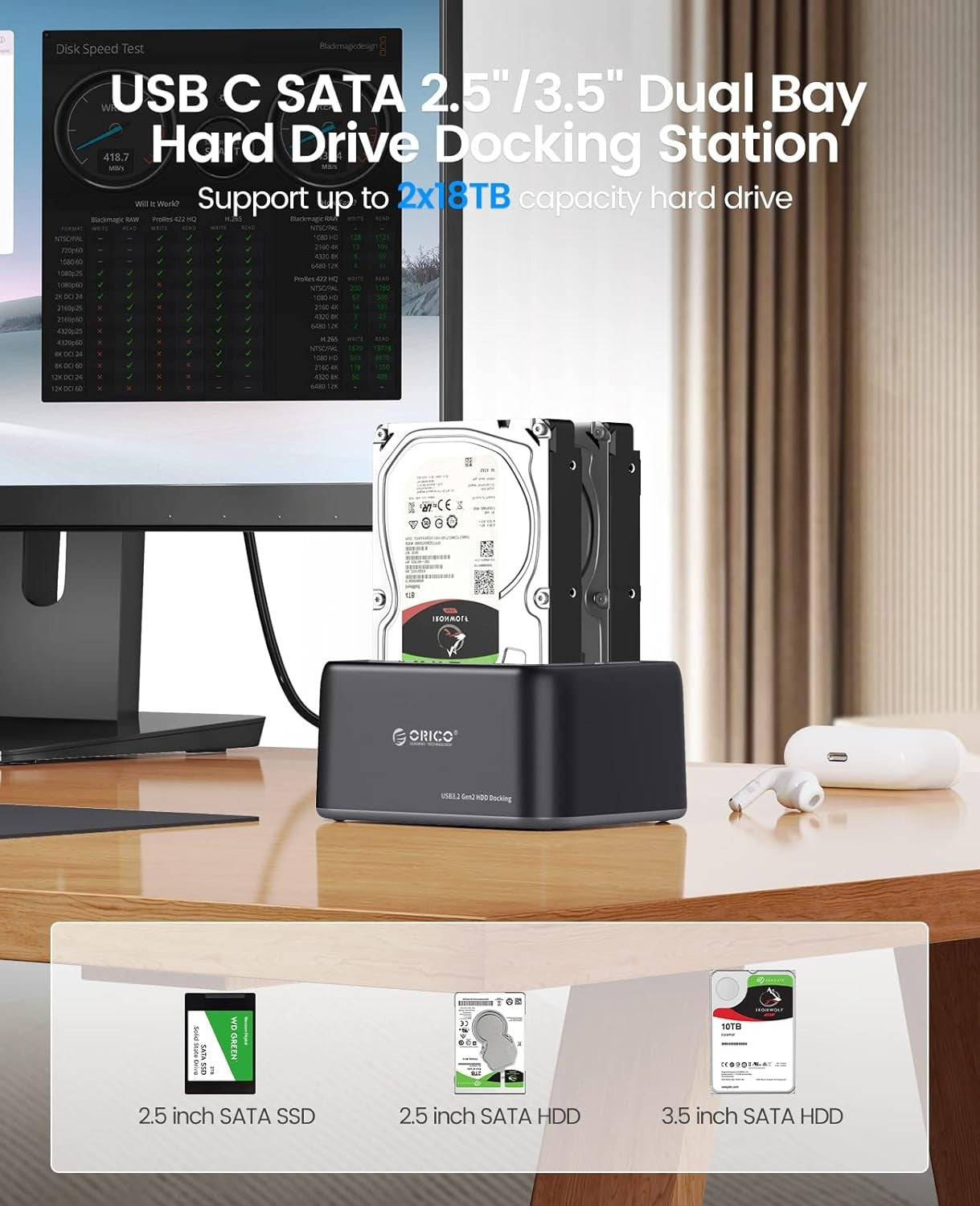 ORICO 2.5-3.5" SATA SSD/HDD to USB 3.2 Gen 2 Type-C RGB Hard Drive Docking Station with 10Gbps Transmission Rate, 18TB Supported Storage Per Bay, 2-in-1 Data Cable for Computer Desktops & Laptops (Windows, MacOS & Linux)