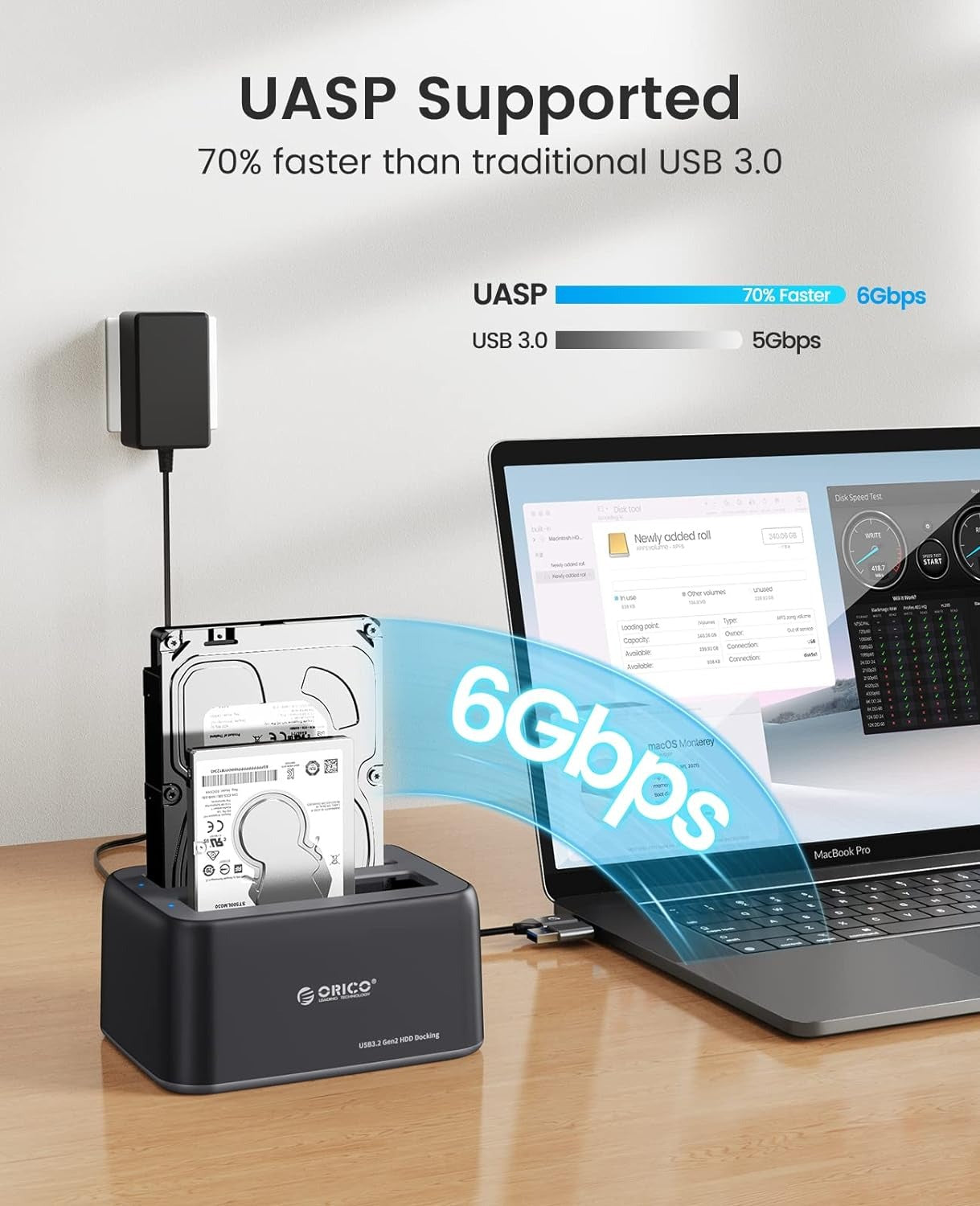 ORICO 2.5-3.5" SATA SSD/HDD to USB 3.2 Gen 2 Type-C RGB Hard Drive Docking Station with 10Gbps Transmission Rate, 18TB Supported Storage Per Bay, 2-in-1 Data Cable for Computer Desktops & Laptops (Windows, MacOS & Linux)