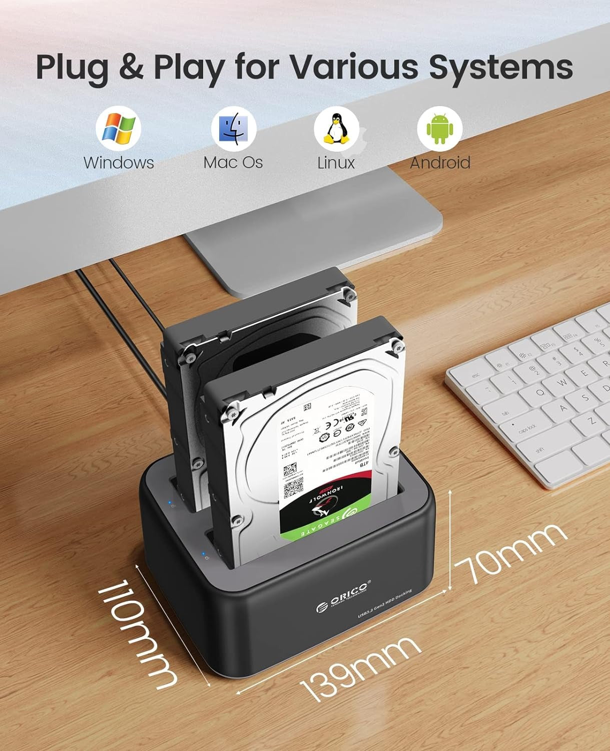 ORICO 2.5-3.5" SATA SSD/HDD to USB 3.2 Gen 2 Type-C RGB Hard Drive Docking Station with 10Gbps Transmission Rate, 18TB Supported Storage Per Bay, 2-in-1 Data Cable for Computer Desktops & Laptops (Windows, MacOS & Linux)
