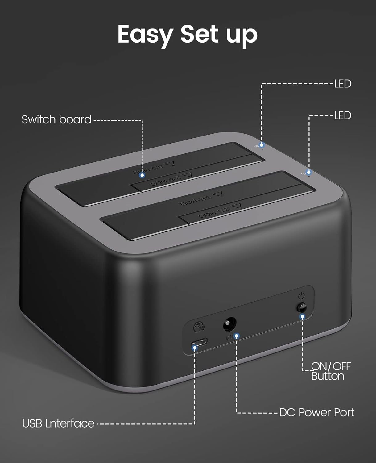 ORICO 2.5-3.5" SATA SSD/HDD to USB 3.2 Gen 2 Type-C RGB Hard Drive Docking Station with 10Gbps Transmission Rate, 18TB Supported Storage Per Bay, 2-in-1 Data Cable for Computer Desktops & Laptops (Windows, MacOS & Linux)
