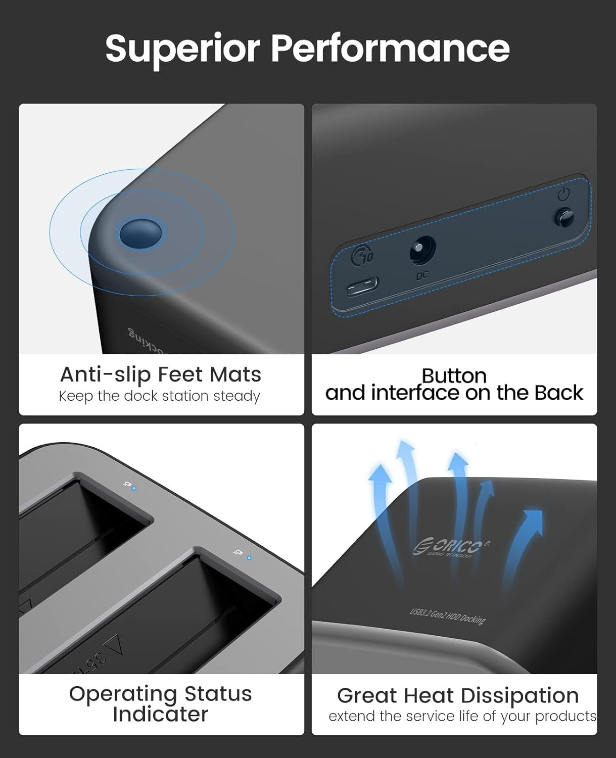ORICO 2.5-3.5" SATA SSD/HDD to USB 3.2 Gen 2 Type-C RGB Hard Drive Docking Station with 10Gbps Transmission Rate, 18TB Supported Storage Per Bay, 2-in-1 Data Cable for Computer Desktops & Laptops (Windows, MacOS & Linux)