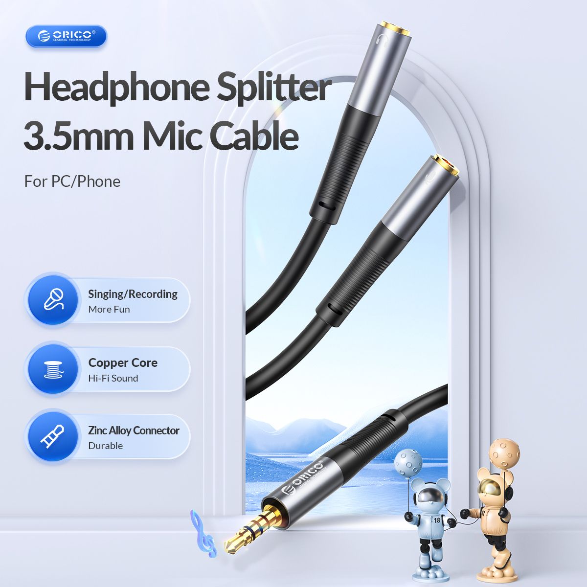 ORICO 3.5mm TRRS Jack Male to Dual Female Headphone and Microphone AUX Audio Splitter Adapter Cable for Desktop Computer PC Laptop Mobile Phone Tablet Music Streaming & Recording - Available in 0.5 meter / 1 meter | AX2