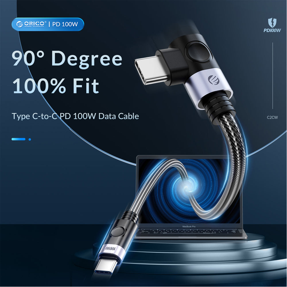 ORICO 2M USB Type-C Straight to Angled Male to Male PD 100W 480Mbps Fast Charging Nylon Braided Data Cable for Smartphone PC Desktop Computer Laptop | Black | C2CW