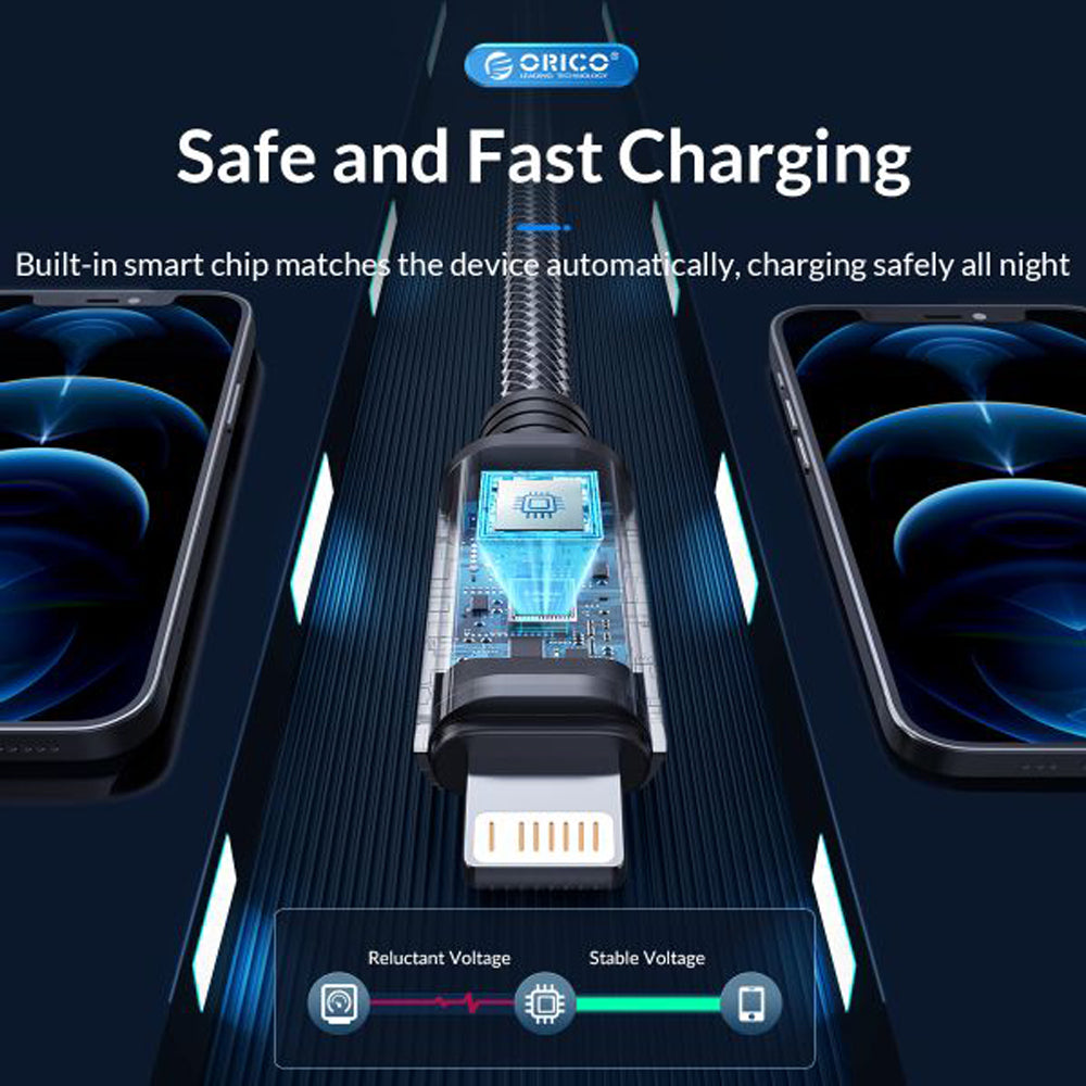 ORICO 1M C2L Series USB Type-C to Lightning Male to Male PD 29W Fast Charging 480Mbps Data Braided Cable with Built-In Smart Chip for Smartphone Desktop PC Laptop