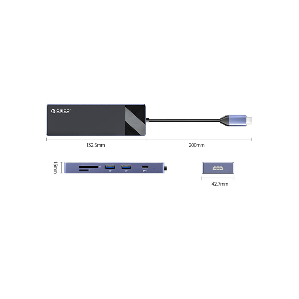 ORICO 9 Port USB Type-C Hub with PD 100W, USB-A 3.0 5Gbps Transfer Rate, 4K 30Hz, TF Micro SD Card Slot Outputs and Green LED Power Indicator for PC Desktop Computer Laptop | DM-9P-BK-BP