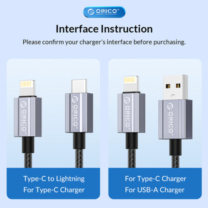 [CLEARANCE] ORICO GQA12 (2m) USB-A to Lightning Fast Charging Data Cable 5V/2.4A 12W, 480Mbps Transmission Rate, Nylon-Braided Aluminum Alloy for iPhone, iPad, Air Pods