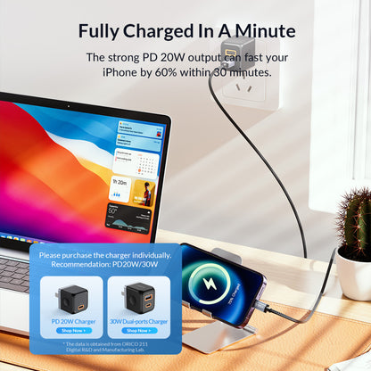 [CLEARANCE] ORICO GQA12 (2m) USB-A to Lightning Fast Charging Data Cable 5V/2.4A 12W, 480Mbps Transmission Rate, Nylon-Braided Aluminum Alloy for iPhone, iPad, Air Pods