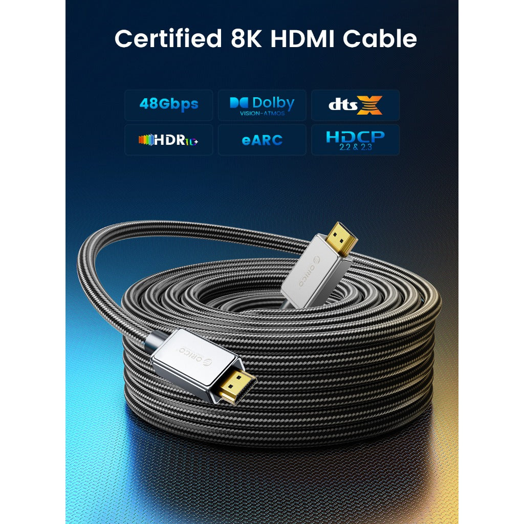 ORICO H8AY 1m/5m 8K 60Hz HDMI 2.1 UHD Video Data Cable Plug & Play Mirror & Extend with QFT 48Gbps High-Speed Bandwidth, 144Hz Refresh Rate, Dolby Vision, 12 Bit Color depth, Pure Copper Core for TV, Projector, PC, Laptop, Gaming Console