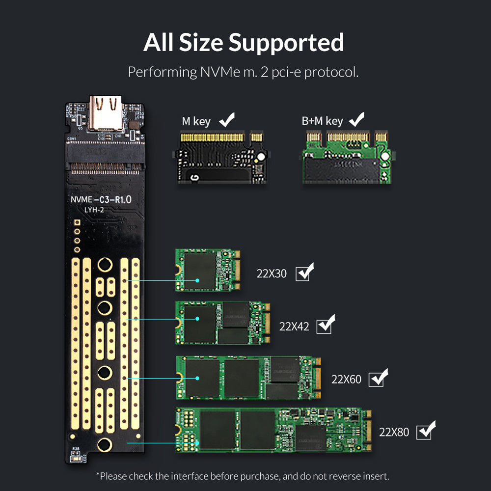 ORICO M.2 NVMe / SATA SSD to USB 3.1 Gen 2 Type-C Aluminum Solid State Drive Enclosure (M-key / M&B-key) with 10Gbps Speed, 2TB Supported Storage, and Support for Windows, macOS, and Linux for PCs, Desktop Computers, and Laptops