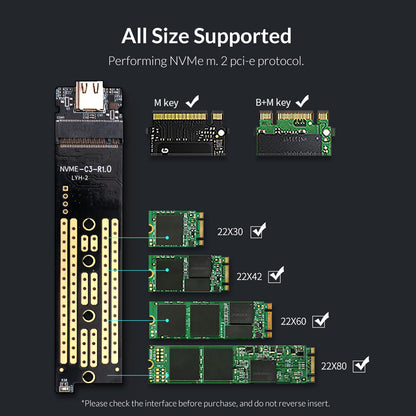 ORICO M.2 NVMe / SATA SSD to USB 3.1 Gen 2 Type-C Aluminum Solid State Drive Enclosure (M-key / M&B-key) with 10Gbps Speed, 2TB Supported Storage, and Support for Windows, macOS, and Linux for PCs, Desktop Computers, and Laptops