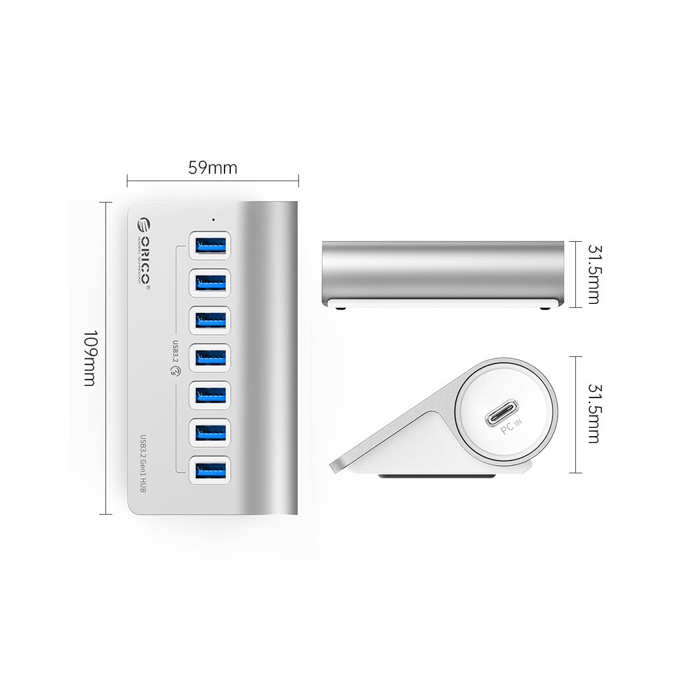 ORICO 7 Port USB Type-C 3.2 Gen1 Hub with 5Gbps Transfer Rate for Windows Mac OS Linux PC Computer Desktop Laptop | M3U7-05 | Silver