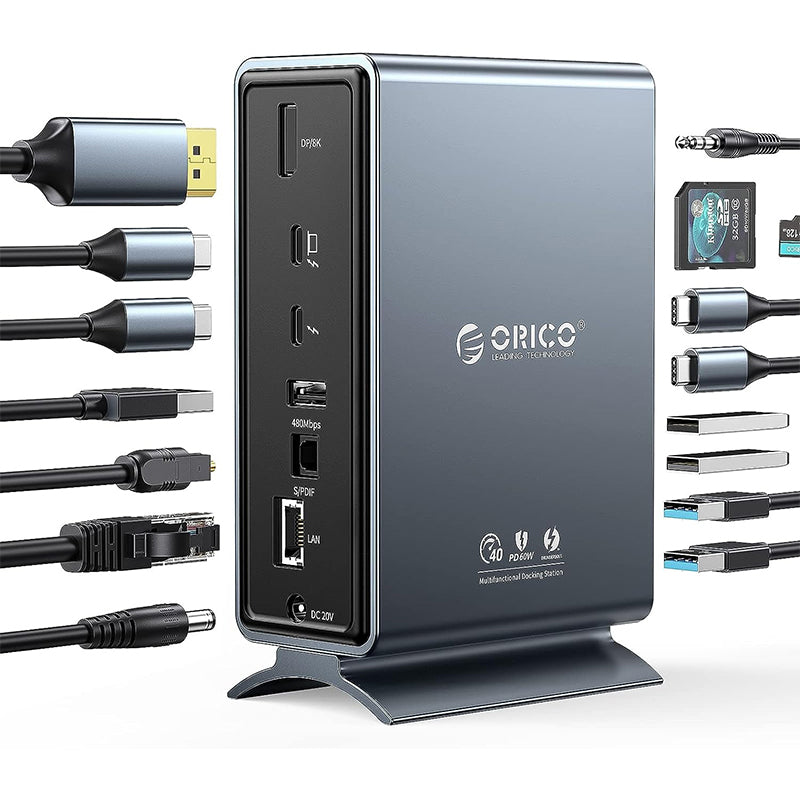 ORICO TB3-S3 Thunderbolt 3 15-in-1 Multifunctional Docking Station with 40Gbps Fast Transfer Rate, 4K 60Hz UHD, Intel Certified, PD 60W, 10Gbps USB 3.1 Type C, USB-A 3.1 Gen 2, 3.5mm AUX, USB-A 2.0, 1000Mbps Ethernet, SD & TF Card Slot
