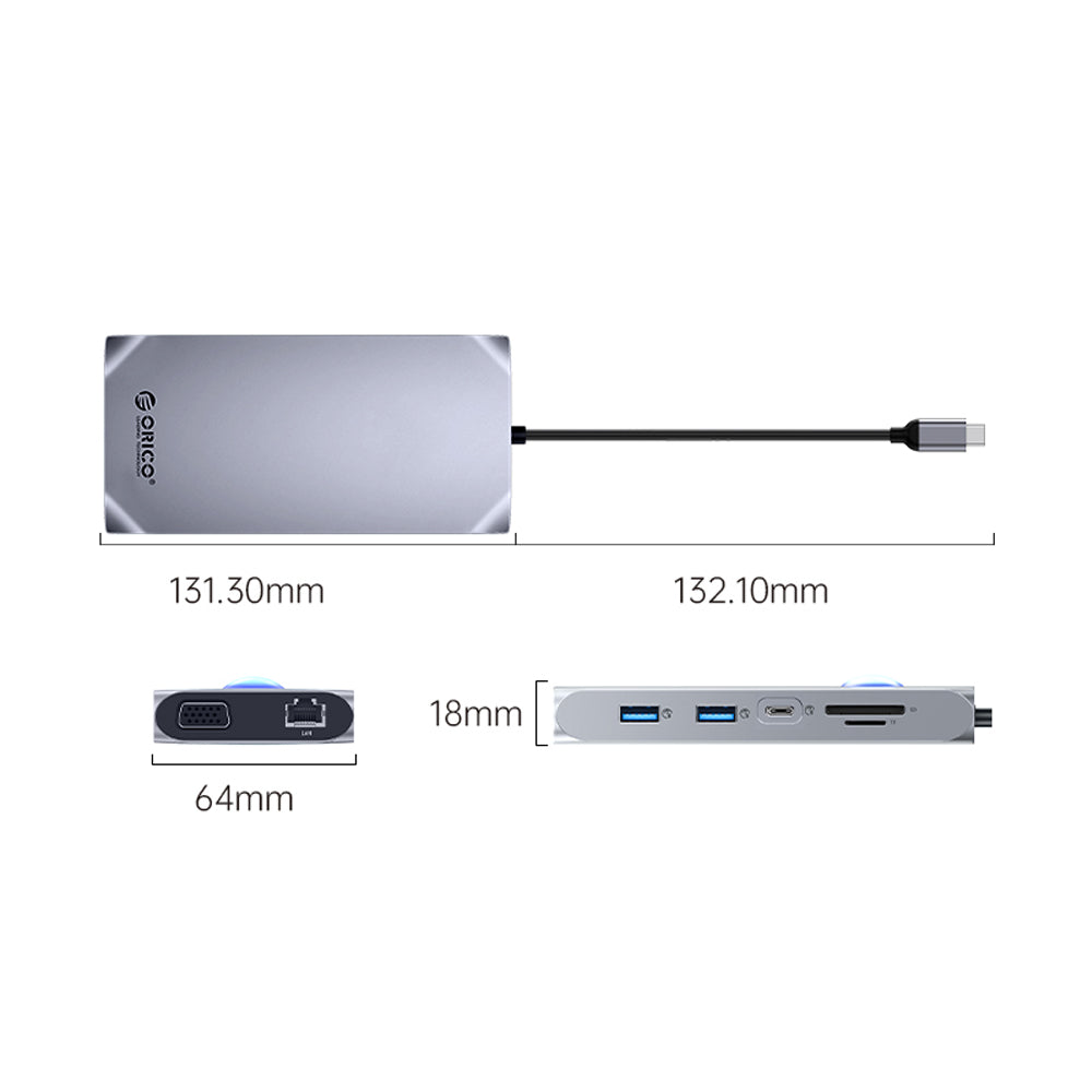 ORICO 12-in-1 USB 3.1 Type C Multifunctional Docking Station with 5Gbps USB-C Input, 4K 60Hz, PD 100W, 5Gbps USB-A 3.1. USB-A 2.0, 1080p VGA, 1000Mbps Ethernet, 3.5mm Audio Port, SD & TF Card Slot (Gray, Rose Gold, Silver) | XCR-X11