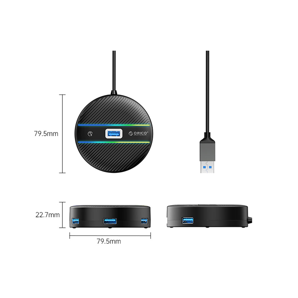 ORICO YSR2-U3 (0.3m) RGB 4-Port USB 3.0 USB-A Desktop Hub 10W with 5Gbps Transmission Rate, 5Gbps USB-A 3.0 Output for Windows 8/10, macOS, Linux, PC, Laptop, Desktop Computer