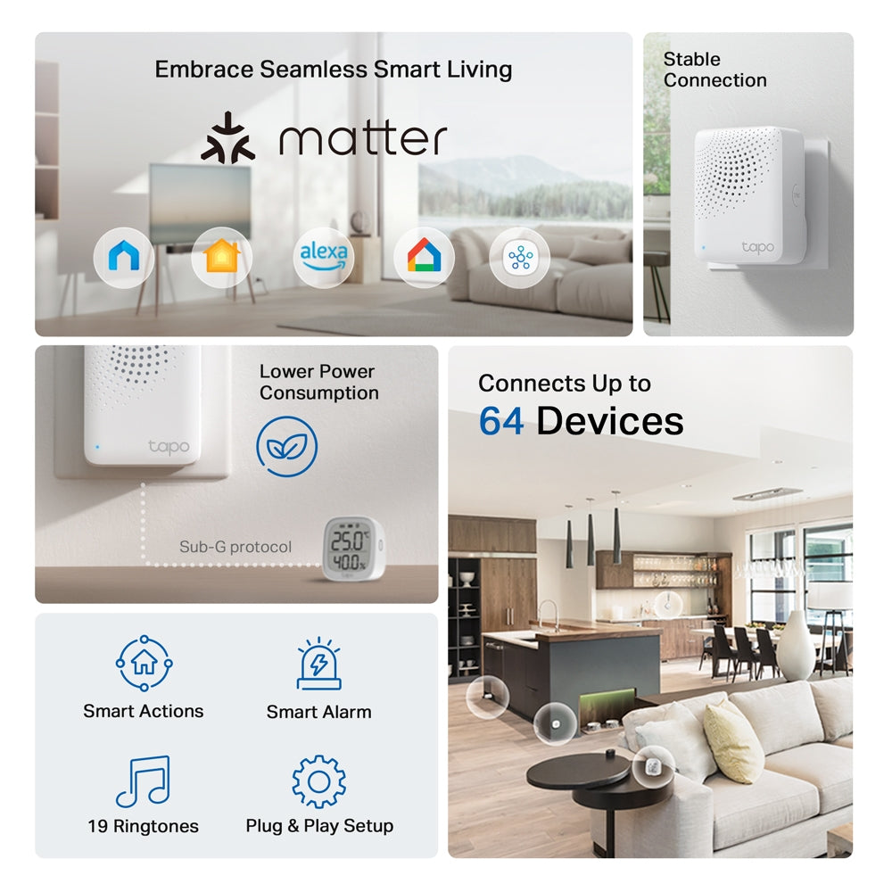 TP-Link Tapo H100 Smart Hub Chime Alarm with 2.4GHz Wireless, 868 / 922MHz Protocol, SYNC/Mute Button and Max 64 Devices Connection for Home Security
