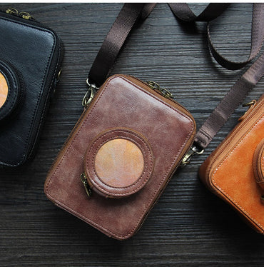 [CLEARANCE] Pikxi BEVO-01 Vintage Style Leather Carrying Bag with Built-In Photo Pocket, Adjustable Shoulder Straps, and Compact Lens Compartment for Instax Mini EVO Cameras - Coffee