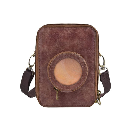 Pikxi BEVO-01 Vintage Style Leather Carrying Bag with Built-In Photo Pocket, Adjustable Shoulder Straps, and Compact Lens Compartment for Instax Mini EVO Cameras - Coffee