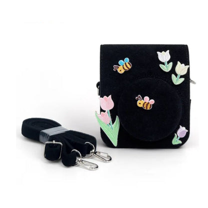 [CLEARANCE] Pikxi BFL12 Fujifilm Instax Mini 12 Felt Soft Protective Camera Case Bag with Shoulder Strap - Tulip Stickers