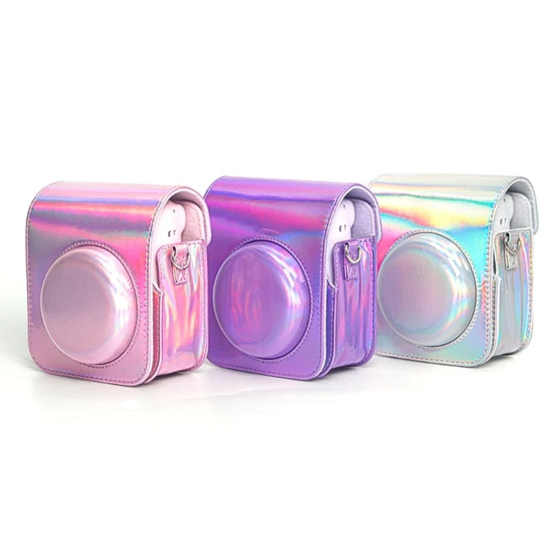 Pikxi BMP12 Iridescent Holographic Style Fujifilm Instax Mini 12 PU Leather Protective Camera Case Bag with Shoulder Strap - Purple, Silver, Pink