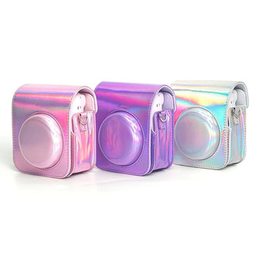 [CLEARANCE] Pikxi BMP12 Iridescent Holographic Style Fujifilm Instax Mini 12 PU Leather Protective Camera Case Bag with Shoulder Strap - Pink