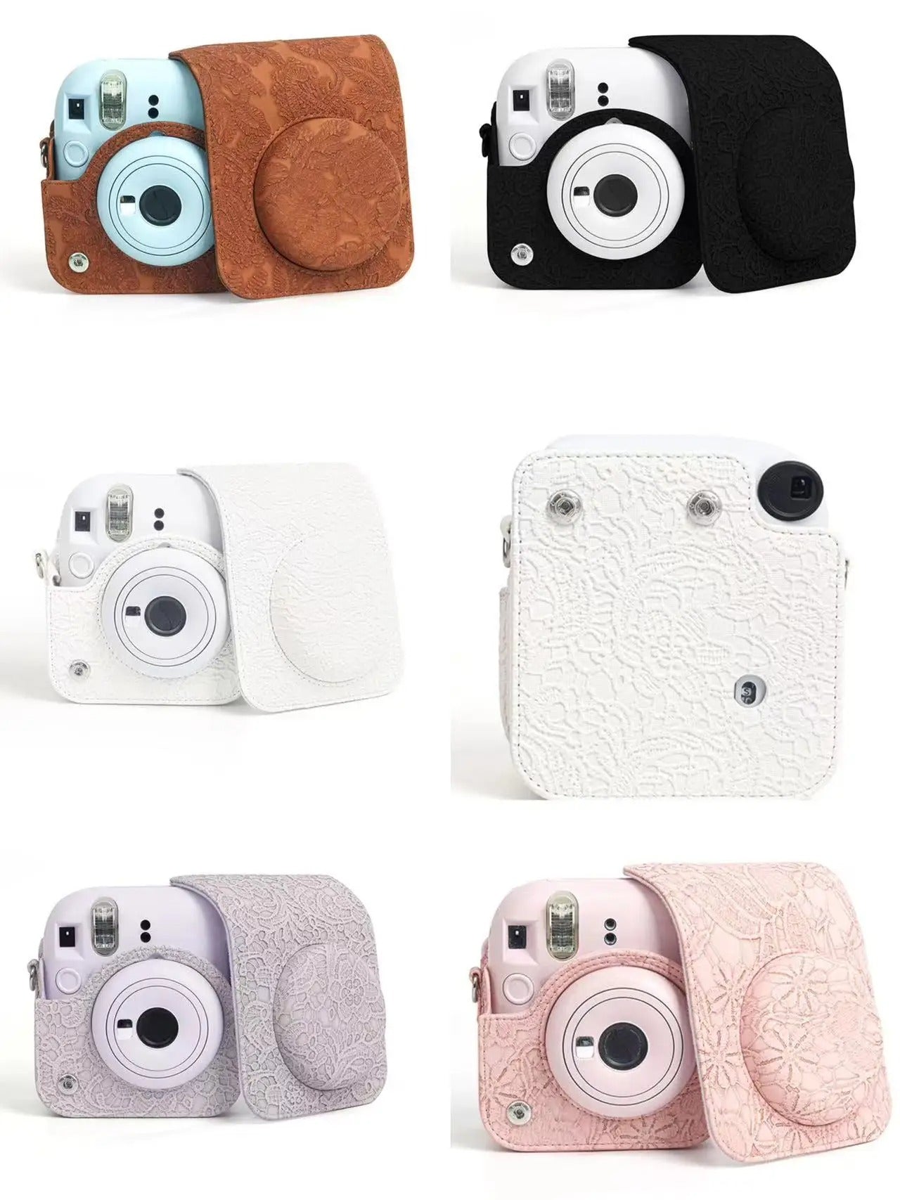 Pikxi BMS12 Carved Lace Style Fujifilm Instax Mini 12 PU Leather Protective Camera Case Bag with Shoulder Strap - Colors Available