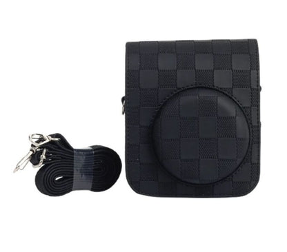 Pikxi BMS12 Fujifilm Instax Mini 12 PU Checkered Style Silicone Rubber Protective Camera Case Bag with Shoulder Strap - Black, White