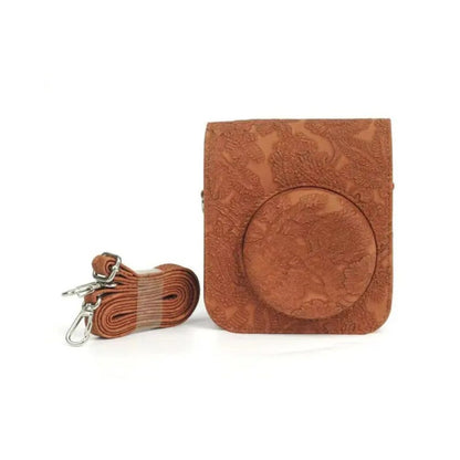 [CLEARANCE] Pikxi BMS12 Carved Lace Style Fujifilm Instax Mini 12 PU Leather Protective Camera Case Bag with Shoulder Strap - Brown