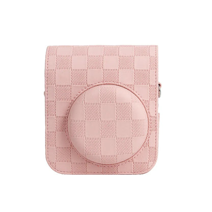 Pikxi BMS12 Fujifilm Instax Mini 12 PU Checkered Style Silicone Rubber Protective Camera Case Bag with Shoulder Strap - Clay White