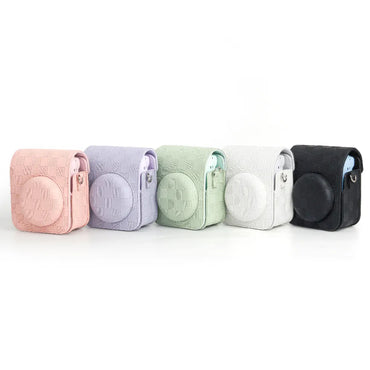 Pikxi BMS12 Fujifilm Instax Mini 12 PU Checkered Style Silicone Rubber Protective Camera Case Bag with Shoulder Strap - Clay White