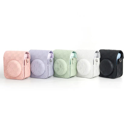 Pikxi BMS12 Fujifilm Instax Mini 12 PU Checkered Style Silicone Rubber Protective Camera Case Bag with Shoulder Strap - Clay White