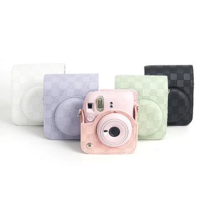 Pikxi BMS12 Fujifilm Instax Mini 12 PU Checkered Style Silicone Rubber Protective Camera Case Bag with Shoulder Strap - Clay White