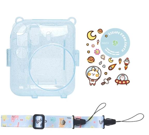 Pikxi CM12 Fujifilm Instax Mini 12 3-in-1 DIY Protective Glitter Crystal Transparent Protective Camera Case Bag with Shoulder Strap, and Stickers - Blossom Pink, Pastel Blue