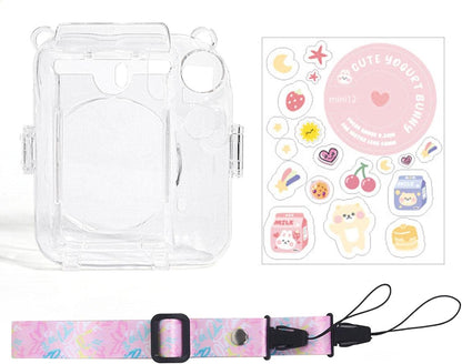 Pikxi CM12 Fujifilm Instax Mini 12 3-in-1 DIY Clear Transparent Protective Camera Case Bag with Shoulder Strap, and Stickers - Blossom Pink, Pastel Blue