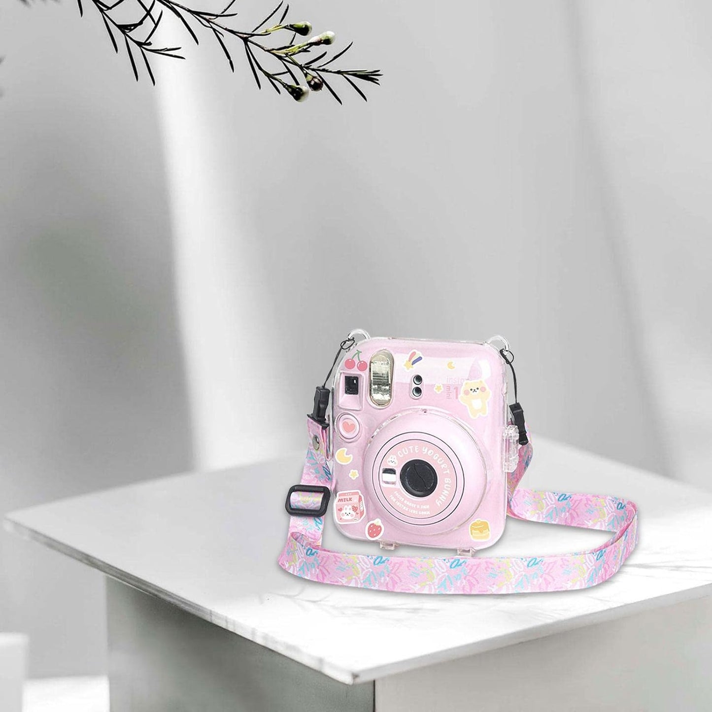 Pikxi 3-in-1 Clear Instant Camera Case for FUJIFILM Instax Mini 12 Film Cameras with Cartoon Patch Sticker Set and Body Strap - Available in Blossom Pink, Pastel Blue, Clay White, Lilac Purple, and Mint Green Color