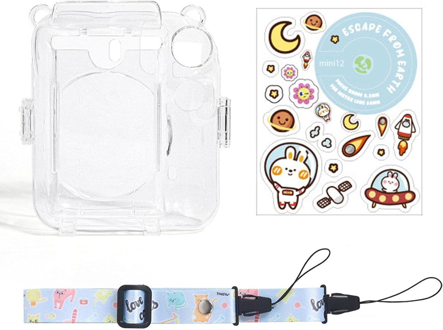 Pikxi CM12 Fujifilm Instax Mini 12 3-in-1 DIY Clear Transparent Protective Camera Case Bag with Shoulder Strap, and Stickers - Blossom Pink, Pastel Blue