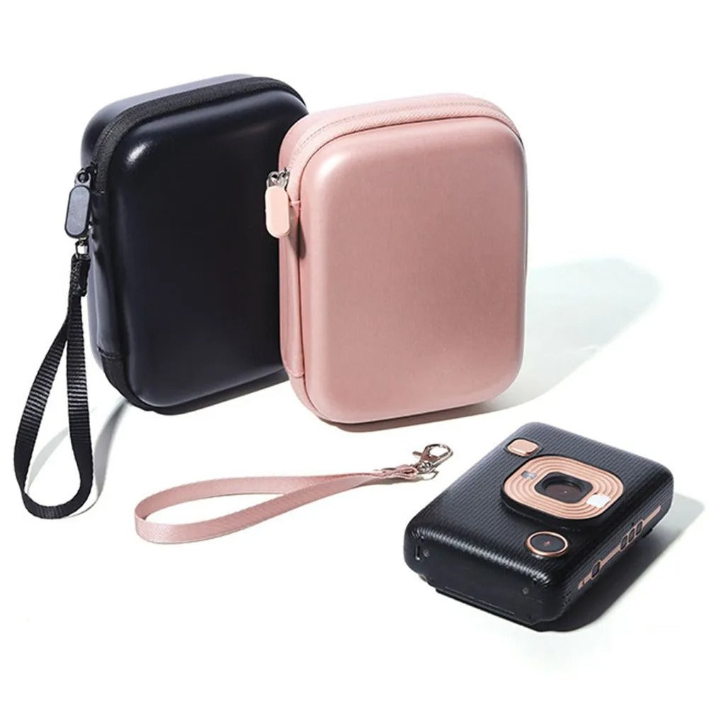 Pikxi Metallic Glossy Style EVA Padded Hard Case for Instax LiPlay Cameras and Mini Link Portable Printers with Water Resistant Coating, Inner Accessory Pockets, and Hand Strap - Blush Gold , Glossy Black
