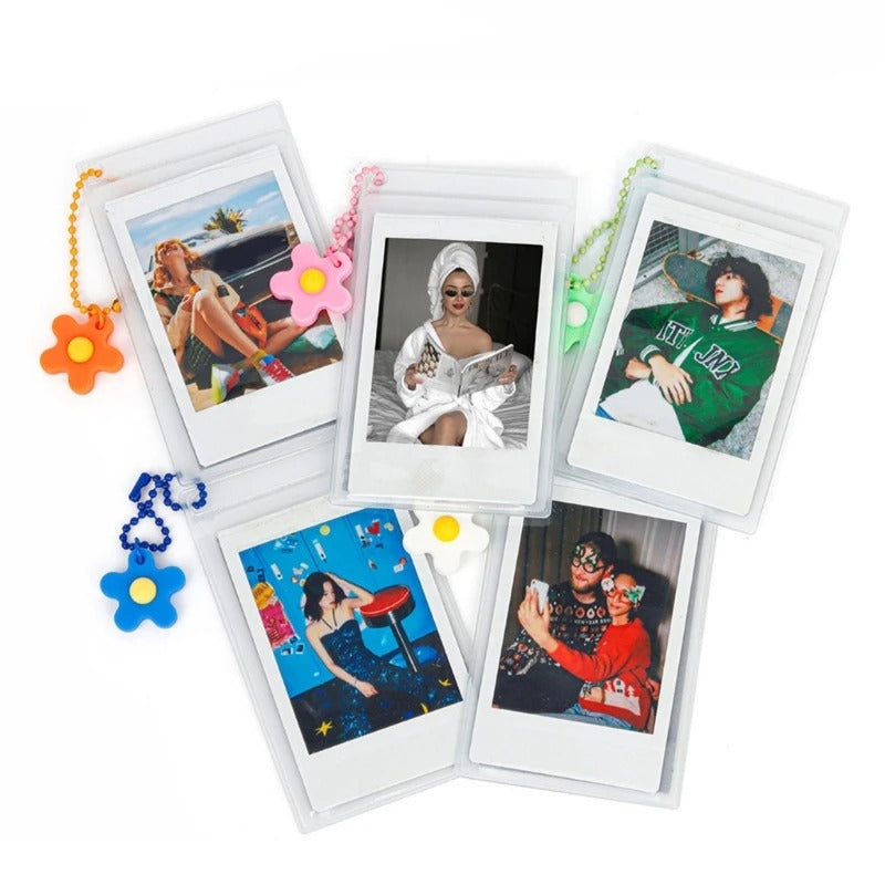 Pikxi 5 Piece PVC Frame Photo Keychain Sleeves with Metallic Chainlink Charms for Instax Mini Photographs