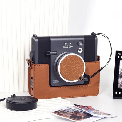 Pikxi Leather Lens Cap Sticker Keeper with Lanyard for FUJIFILM Instax Wide EVO Camera | Brown, Black