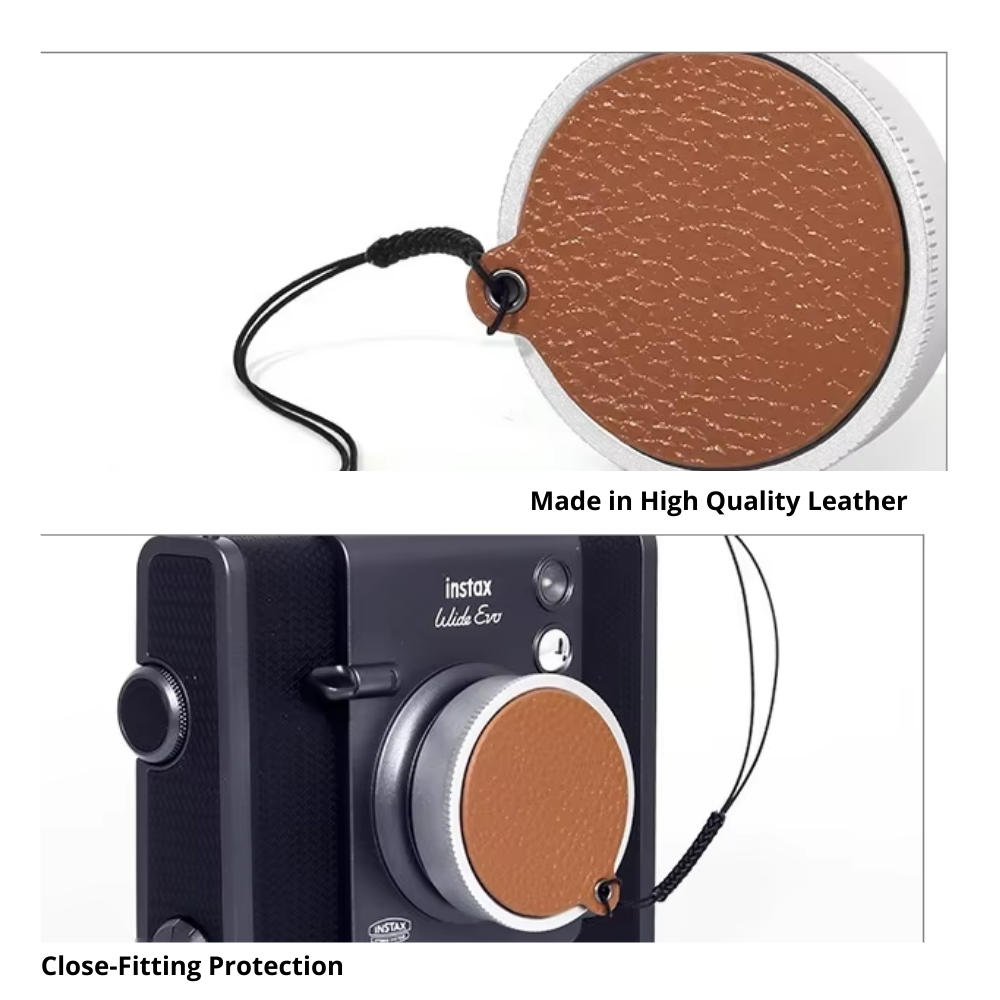 Pikxi Leather Lens Cap Sticker Keeper with Lanyard for FUJIFILM Instax Wide EVO Camera | Brown, Black