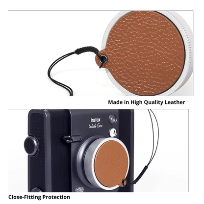 Pikxi Leather Lens Cap Sticker Keeper with Lanyard for FUJIFILM Instax Wide EVO Camera | Brown, Black