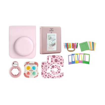 [CLEARANCE] Pikxi MB12-802 PU Leather Camera Bag Case Set for Fujifilm Instax Mini 12 with 64 Pockets Photo Album, Selfie Mirror, 4 Color Lens Filter, 10 Paper Photo Frame, 5 Colorful Photo Frame, 20 Frame Stickers, Camera Sticker (Clay White)