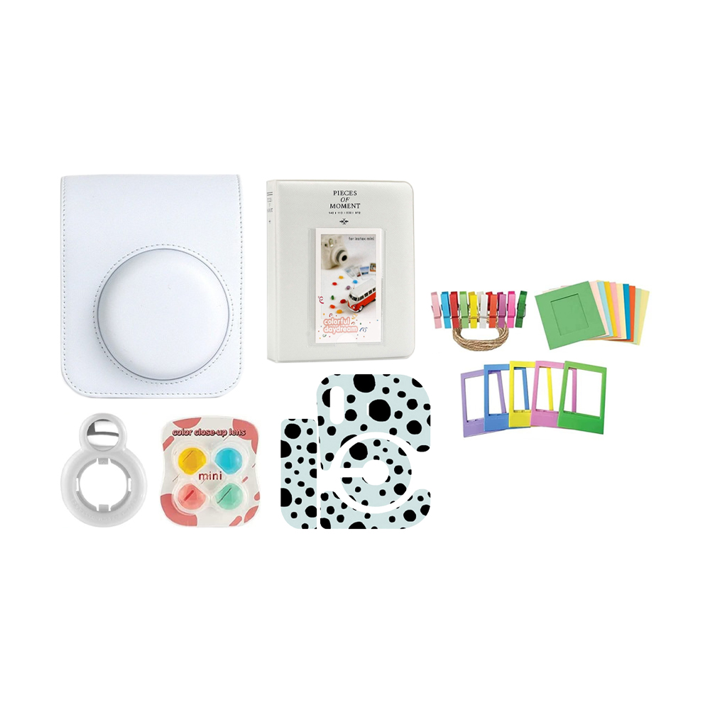 [CLEARANCE] Pikxi MB12-802 PU Leather Camera Bag Case Set for Fujifilm Instax Mini 12 with 64 Pockets Photo Album, Selfie Mirror, 4 Color Lens Filter, 10 Paper Photo Frame, 5 Colorful Photo Frame, 20 Frame Stickers, Camera Sticker (Clay White)
