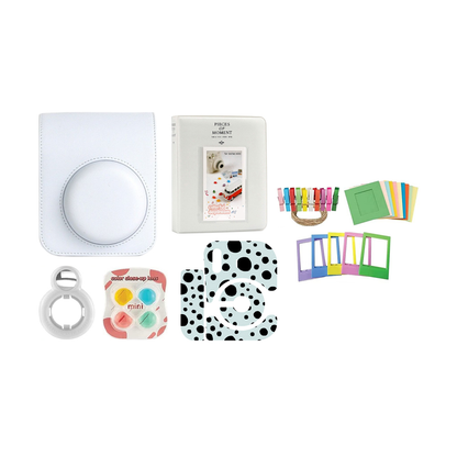 [CLEARANCE] Pikxi MB12-802 PU Leather Camera Bag Case Set for Fujifilm Instax Mini 12 with 64 Pockets Photo Album, Selfie Mirror, 4 Color Lens Filter, 10 Paper Photo Frame, 5 Colorful Photo Frame, 20 Frame Stickers, Camera Sticker (Clay White)